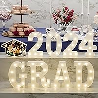 Graduation Party Decorations 2024-8 LED Long Marquee Light Up Letters 'Grad 2024' and 1 'Doctorial hat' - Graduation Party Decor for Kindergarten Preschool High School College Graduation(White)