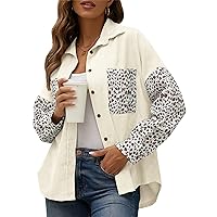 Women's Corduroy Shirts Casual Long Sleeve Button Down pullover Leopard Print Blouses Loose Tops coats