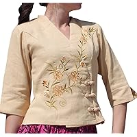 RaanPahMuang 3/4 Sleeve Embroidered Thai Flower Ladies Shirt