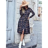 Women's Dress Dresses for Women Windowpane Print Belted Wool-Mix Shirt Dress (Color : Multicolor, Size : Large)