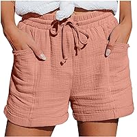 Women's Mid Waist Cotton Linen Shorts Summer Casual Regular Fit Plain Drawstring Elastic Shorts with Pockets
