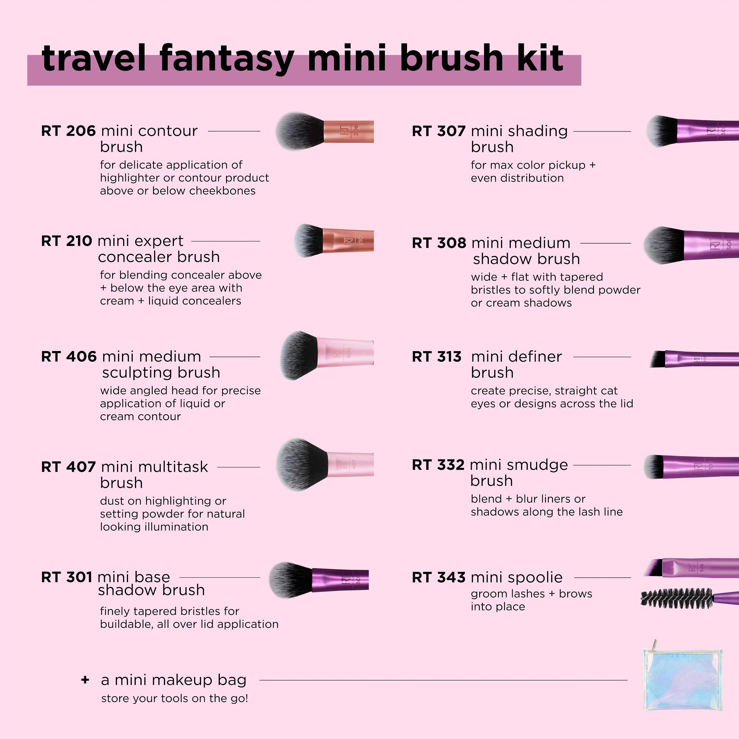 Real Technique Travel Fantasy Mini Brush Kit, Makeup Brushes For Eyeshadow, Highlight, Contour, Powder, & Concealer, Mini Sized Travel Brushes & Makeup Bag, Synthetic Bristles, 11 Piece Set