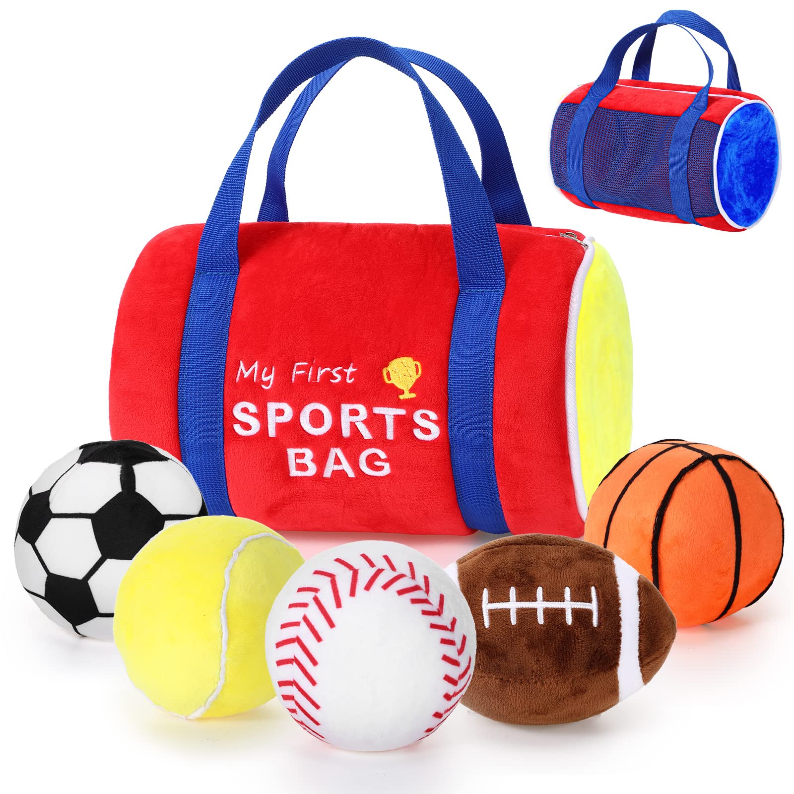 Skylety 6 Pieces My Soft Sports Bag Stuffed Plush with Sound Playset Stuffed Plush Soccer Ball, Basketball, Tennis, Baseball, Football for Little Teenager Party Favor Sports Game