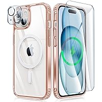 FNTCASE for iPhone 15 Case: Support Magnetic Charging Military Grade Drop Protection Anti Yellowing Cell Phone Cover - Rugged Sturdy Shockproof Protective Bumper - 6.1 Inch (Pink Clear)