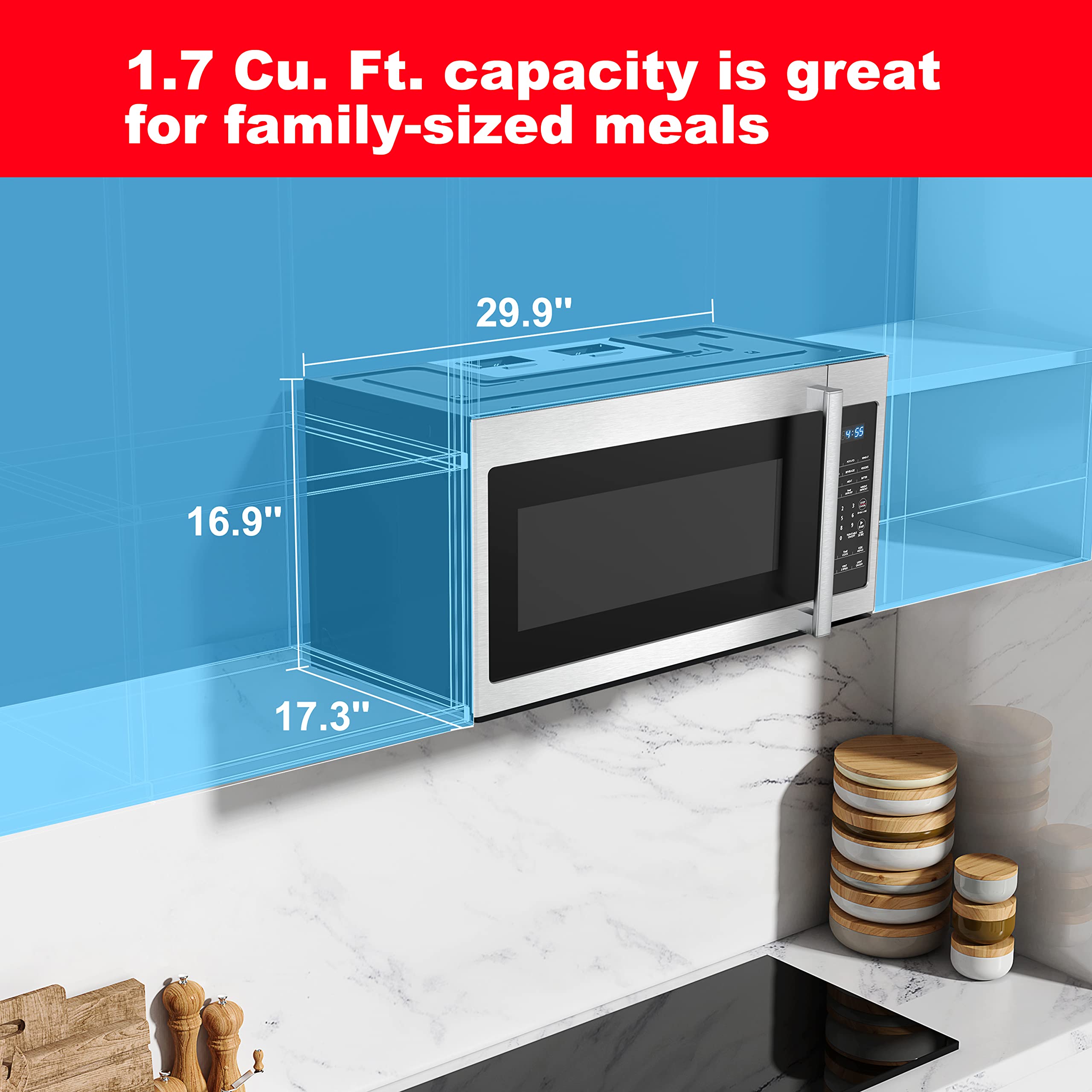 Galanz GLOMJA17S2B-10 Over-The-Range Microwave, Energy Saving/ECO Mode, 30-second Express Cooking, 9 Auto-cook Programs, 1000W/120Volts, 1.7 Cu.Ft, Stainless Steel