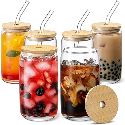 [ 6pcs Set ] Glass Cups with Bamboo Lids and Glass Straw - Beer Can Shaped Drinking Glasses, 16 oz Iced Coffee Glasses, Cute Tumbler Cup for Smoothie, Boba Tea, Whiskey, Water - 2 Cleaning Brushes