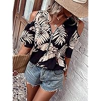 Women's Tops Women's Shirts Sexy Tops for Women Tropical Print Cold Shoulder Zip Up Blouse (Color : Multicolor, Size : X-Large)