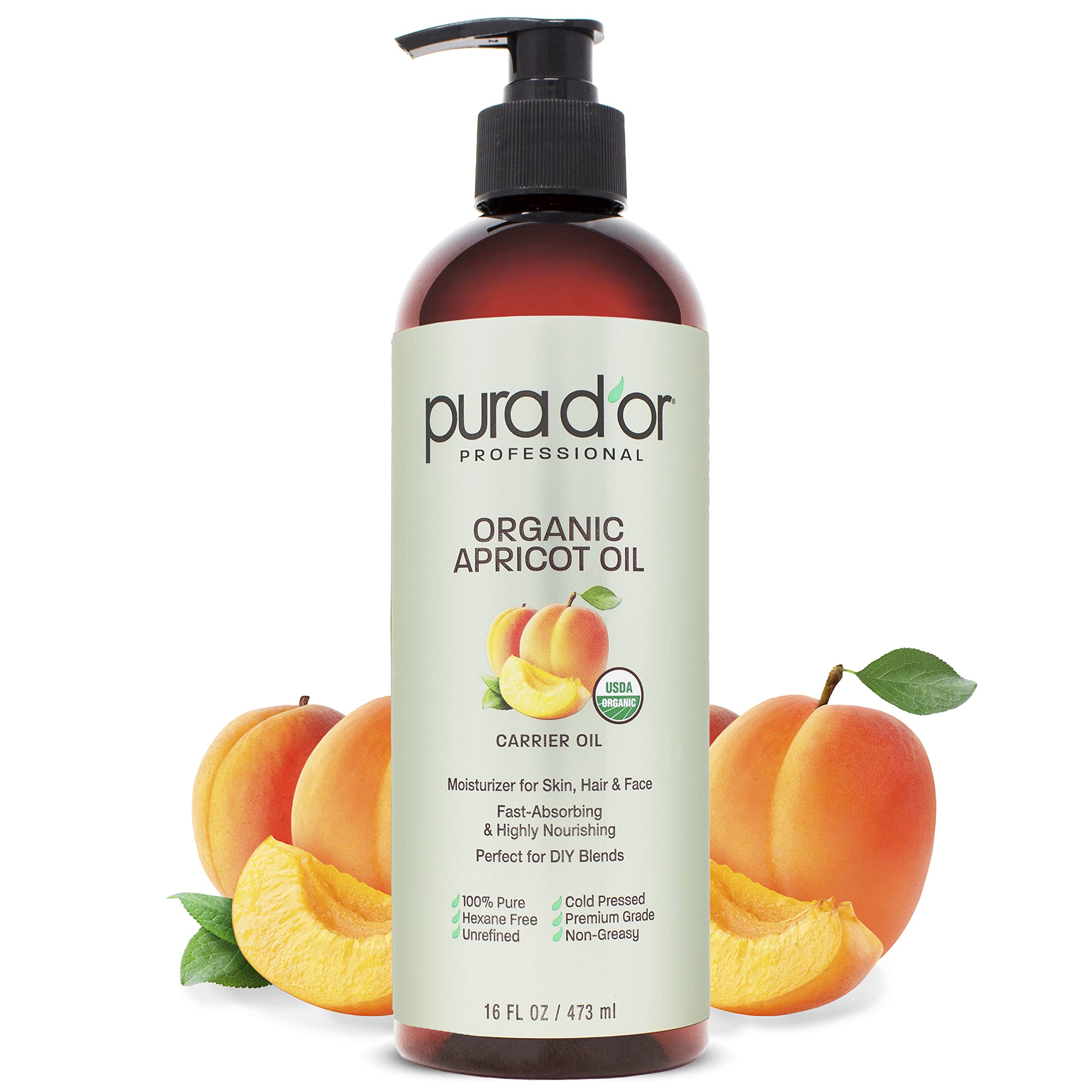 PURA D'OR Organic Apricot Kernel Oil, 100% Pure USDA Certified Natural Unrefined Cold Pressed Carrier Oil, Vitamins & Antioxidants, Nourishing & Moisturizing For Body Massage, Hair, Skin & Nails, 16oz