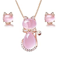 Cute Cat Shape Pink CrystaL Studs Earrings and Pendant Necklace for Teen Girls Y404