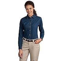 PORT AND COMPANY Ladies Long Sleeve Denim Shirt – 100% Cotton Fabric – Medium Ink Blue