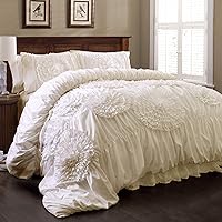Lush Decor Serena Comforter Set, 3 Piece Set, Full/ Queen, Ivory - Ruched Ruffled Flower Design - Romantic Ruffle Bedding Set - Vintage Glam & Farmhouse Bedroom Decor