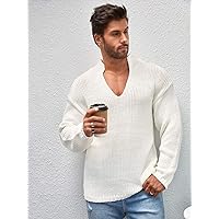 Sweaters for Men - Men Notched Neck Drop Shoulder Sweater (Color : Beige, Size : Medium)