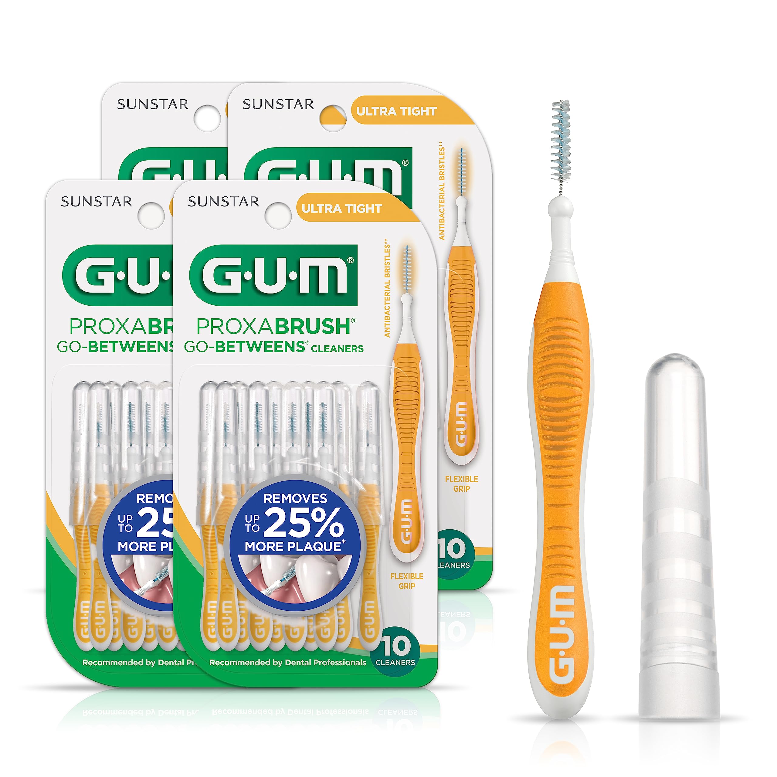 GUM Proxabrush Go-Betweens - Ultra Tight, Interdental Brushes for Tight Teeth, Dental Picks for Plaque Removal, Safe for Braces & Dental Devices, 10ct (4Pk)