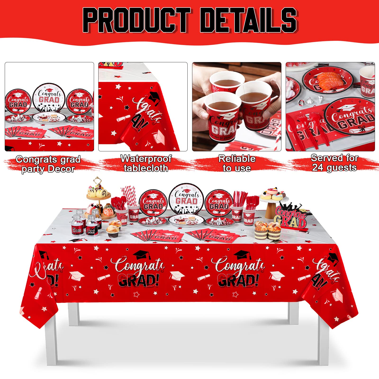 193 Pcs Graduation Party Supplies Set Grad Decoration Congrats Class of 2023 Graduation Tablecloth and Cups Plates Napkins Silverware for Event Celebration Party Supply, Serves 24 (Red and White)