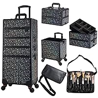 Stagiant Rolling Makeup Case 4 in 1 Cosmetology Case on Wheels Makeup Travel Case with Brush Waist Bag Key Swivel Wheels Salon Barber Case Traveling Cart Trunk Cosmetic Trolley Balck Star