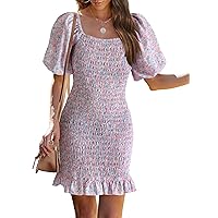 PRETTYGARDEN Womens Square Neck Floral Print Smocked Dress Short Puff Sleeve Bodycon Summer Mini Dress