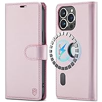 Magnetic Case for iPhone 15 Pro Max Logo View with RFID Blocking Credit Card Holder, [Compatible with MagSafe] PU Leather Folio Flip Kickstand Shockproof Cover Women Men(Rose Gold)