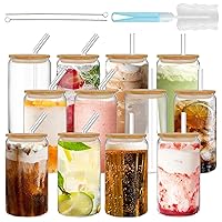 Drinking Glasses with Bamboo Lids and Glass Straw 12pcs Set-16oz,Glass Cups with Lids and Straws,Iced Coffee Cups,CuteTumbler Cup,Soda,deal for Cocktail,Whiskey,Gift