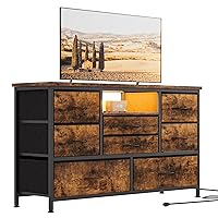 8 Dresser TV Stand with Power Outlet & LED for 55'' TV, Long Dresser for Bedroom with 8 Deep Drawers, Wide Console Table for Storage in Closet, Living Room, Entryway, Wood Top