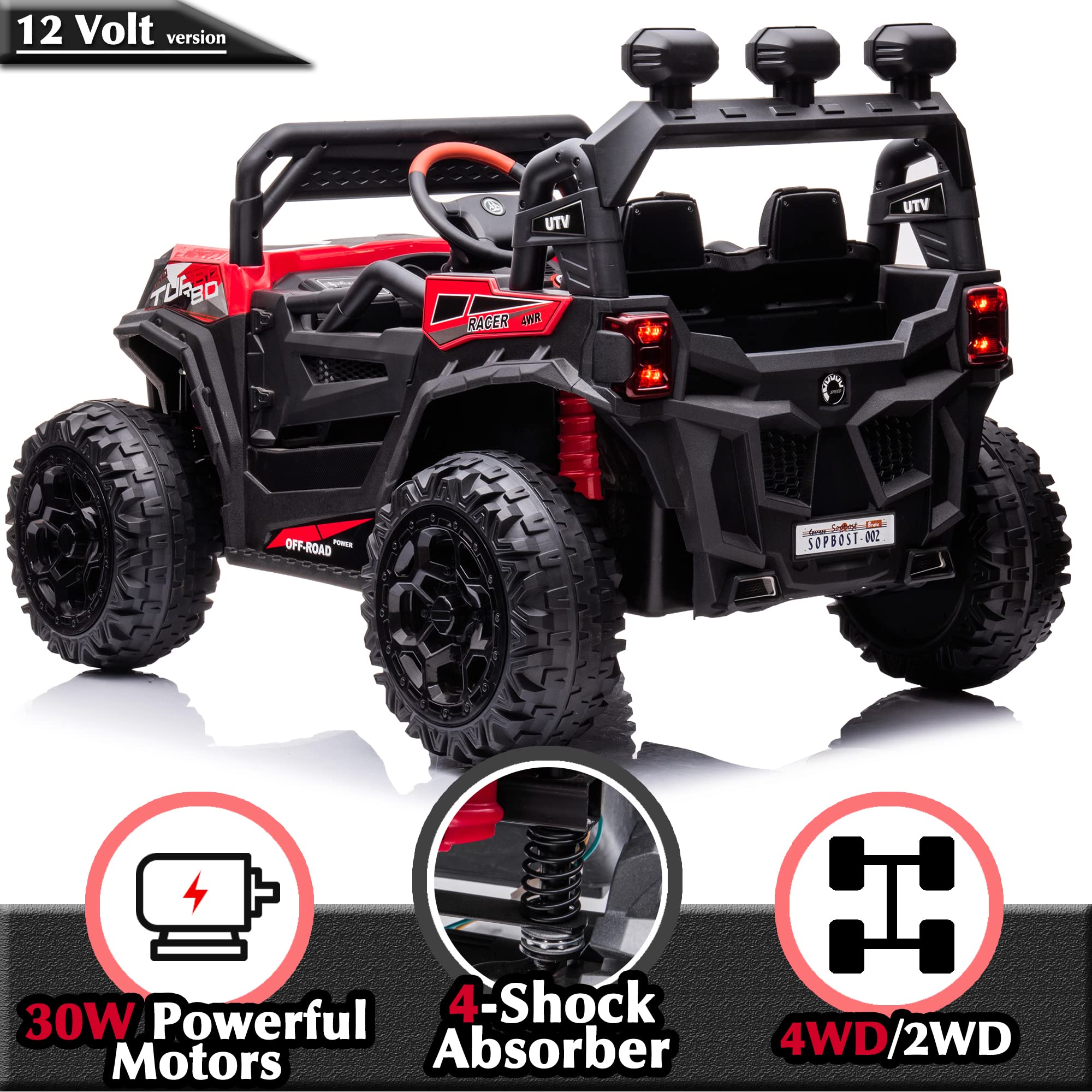 sopbost 12V 10AH Power Buggy 4x4 Kids Ride On Truck UTV 2WD/4WD Switchable Ride On Car with Remote Control Ride On Toys Electric Off-Road UTV Vehicle with Car Keys, 4 Shock Absorbers, Music Play, Red
