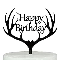 Gift Boxed Antler Happy Birthday Cake Topper Black, Frosted Acrylic