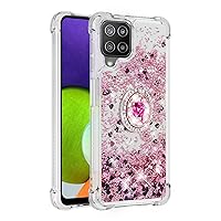 Shockproof Case for Samsung Galaxy A22 4G,Glitter Bling Shine Diamond Heart Rainbow Quicksand Transparent TPU Shell with Rotating Finger Ring Kickstand