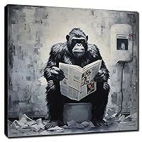 Black and White Animals Canvas Wall Art / Lovely Chimpanzee Reading Newspapers In The Toilet/ Cute Abstract Wall Pictures Painting Framed Poster for Teens Girl Women Bedroom Decoration / 12x12inch
