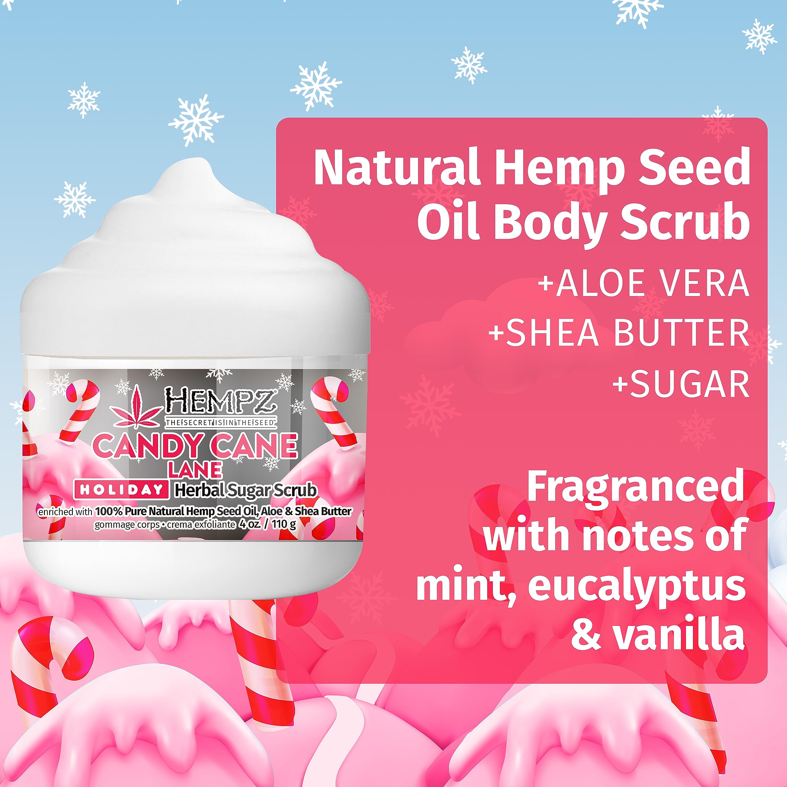 Hempz Limited Edition Candy Cane Lane Exfoliating Body Scrub (4 Oz) – Yummy Holiday Scented Sugar Body Scrub for Shower & Bath, Cozy Candy Cane Scented Sugar Scrub Exfoliant for Women & Men