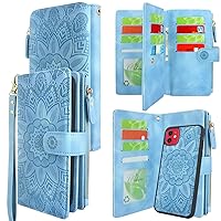 Detachable Magnetic Zipper Wallet Leather Case Cash Pocket with Card Slots Holder Wrist Strap for iPhone 11 6.1 inch 2019 Floral Flower (Sky Blue)