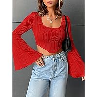 Women's T-Shirt Square Neck Flounce Sleeve Crop Tee T-Shirt for Women T-Shirt (Color : Red, Size : X-Small)
