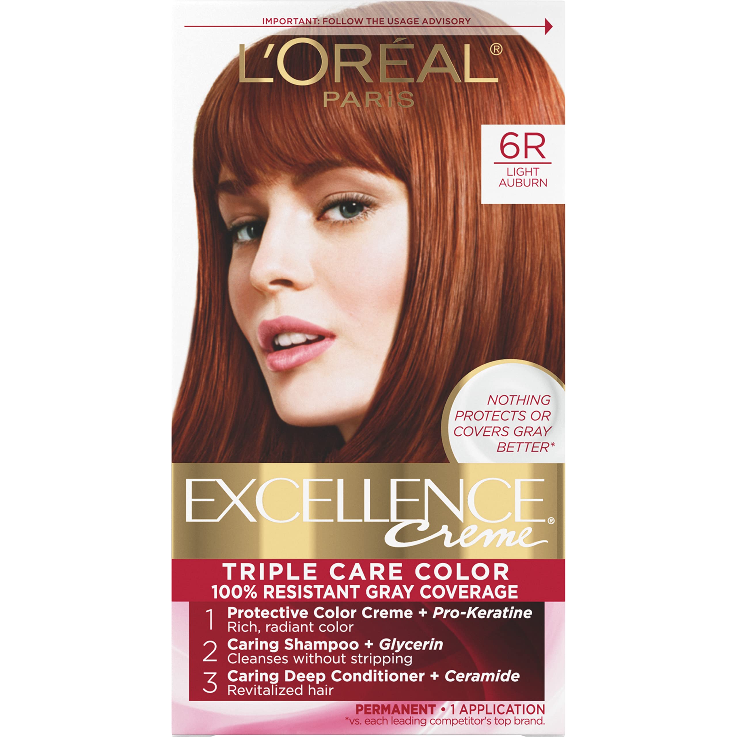 L'Oreal Paris Excellence Creme Permanent Triple Care Hair Color, 6R Light Auburn, Gray Coverage For Up to 8 Weeks, All Hair Types, Pack of 1