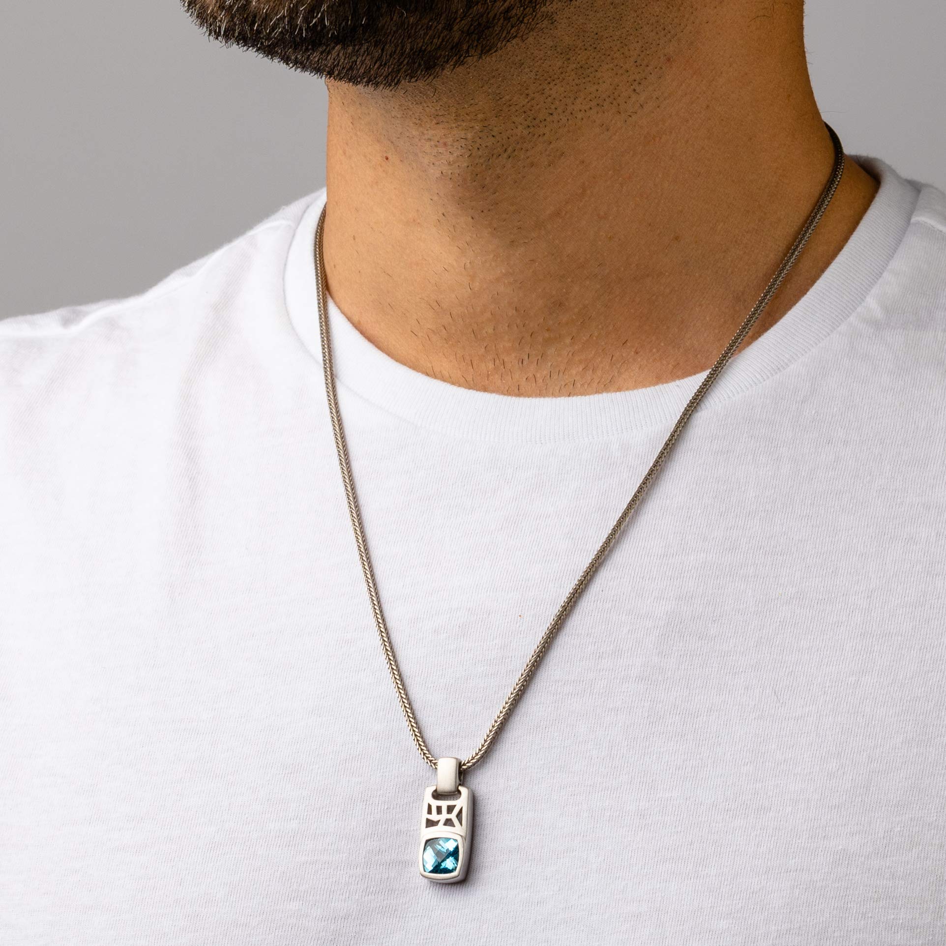 Peora London Blue Topaz Tag Pendant Necklace for Men in Sterling Silver,3.50 Carats Cushion Cut, Brushed Finished, with 22-Inch Italian Chain