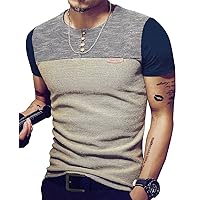 Mens Slim Fitted Casual Short/Long-Sleeve Button T-Shirts Contrast Color Stitching Tee