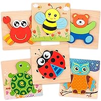 Wooden Jigsaw Puzzle Set, 6 Pack Animal Shape Color Montessori Toy, Fine Motor Skill Early Learning Preschool Educational Gift Game for Years Old Kids