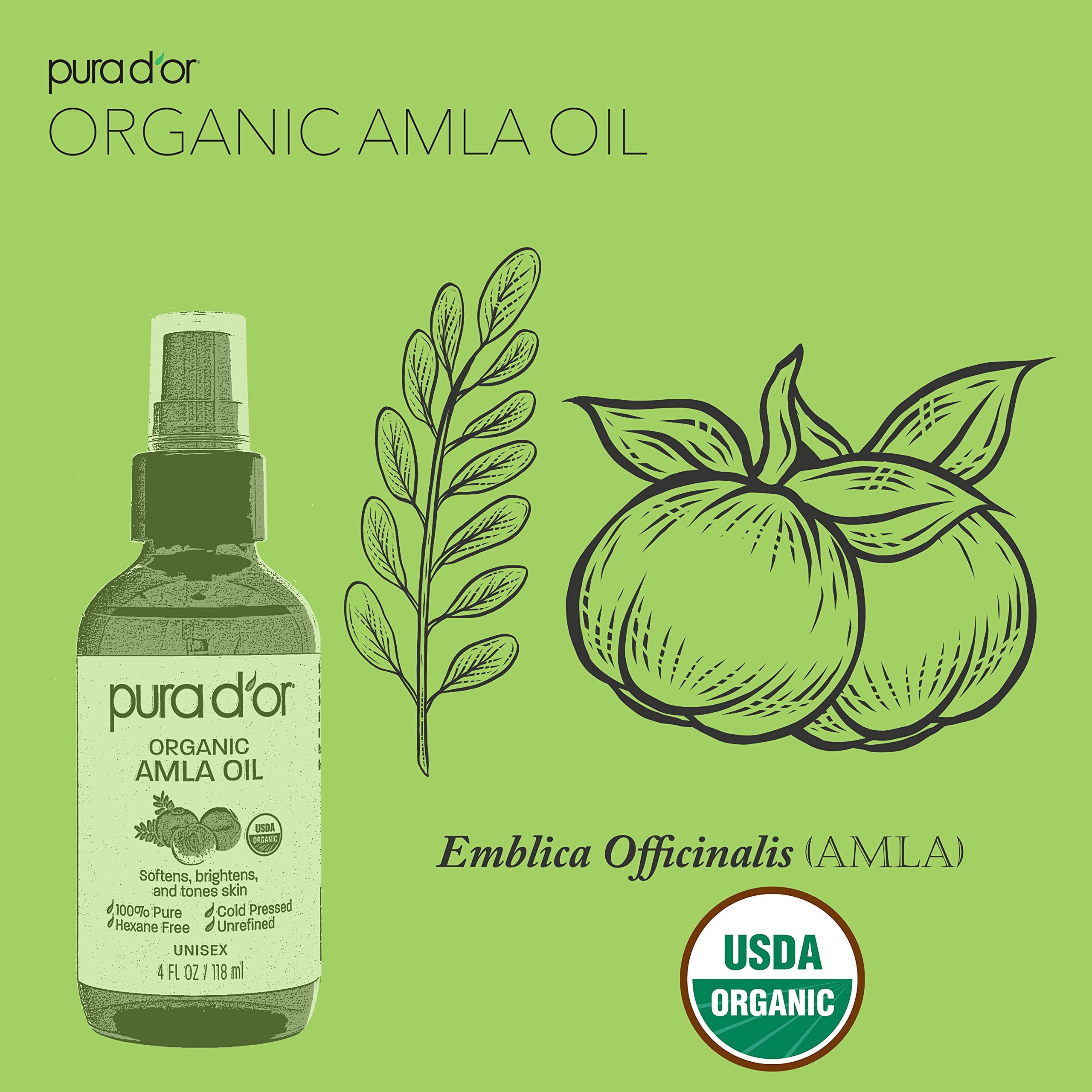 PURA D'OR Organic Amla Oil, 100% Pure USDA Certified Premium Grade Carrier Oil, Cold Pressed, Unrefined Indian Hair Care Growth Oil, Hair Serum & Thickening Hair Products for Women & Men, 4oz