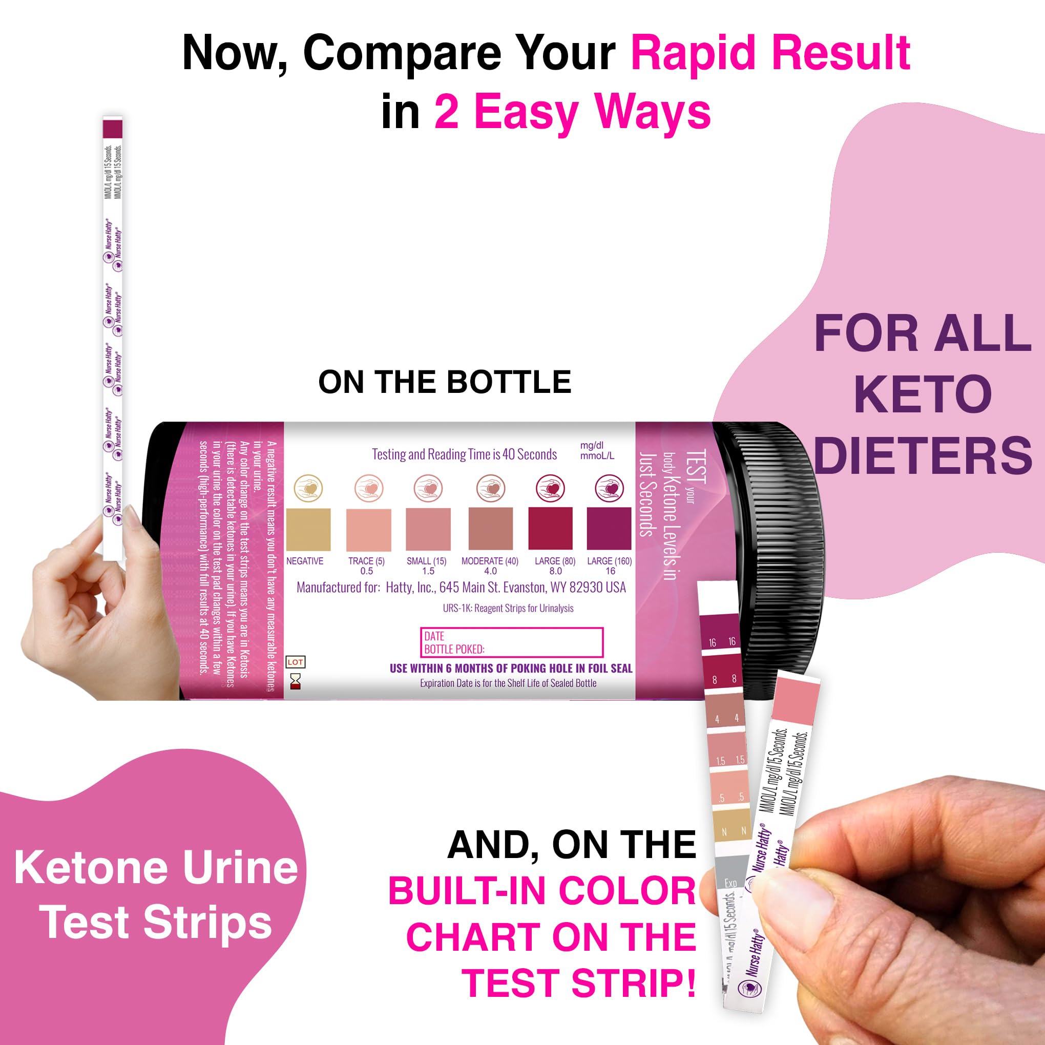 Nurse Hatty - 150 Ketone Test Strips w Built-in Color Chart – Free Keto Guide eBook & Free App - Made-in-The-USA - Urine Test for Ketogenic, Ketosis, Low Carb, Atkins & Paleo Diets - Extra Long Strips