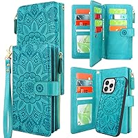 Harryshell Compatible with iPhone 14 Pro 6.1 inch 5G 2022 Wallet Case Detachable Magnetic Cover Zipper Cash Pocket Multi Card Slots Holder Wrist Strap Lanyard (Floral Blue Green)