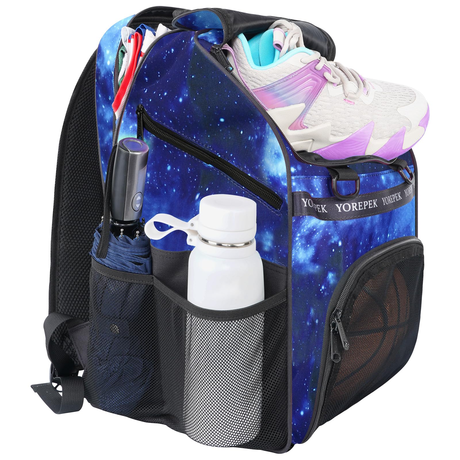 YOREPEK Travel Backpack & Basketball Bag, Extra Large 50L Laptop Backpacks for Men Women, Large Basketball Backpack with Shoe Compartment and Ball Holder, Water Resistant Backpack, Black & Star Blue