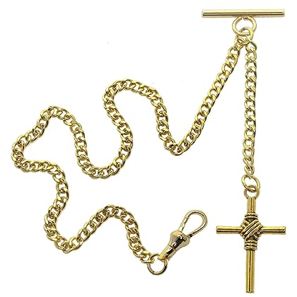 Albert Chain Gold Color Pocket Watch Chains for Men with T Bar Swivel Clasp and Religious Cross Fob AC80