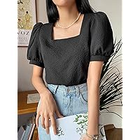 Women's Tops Women's Shirts Square Neck Puff Sleeve Blouse Women's Tops Shirts for Women (Color : Black, Size : Large)