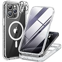 Miracase Magnetic for 15 Pro Case [Compatible with MagSafe] Full-Body Phone Case with Built-in 9H Glass Screen Protector & Camera Protector, Drop Proof Military Protective 15 Pro Cover, Clear Glitter