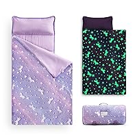 Wake In Cloud - Glow in The Dark Nap Mat with Pillow and Blanket, for Toddler Kids Boys Girls in Daycare Kindergarten Preschool, White Unicorn on Purple Lilac
