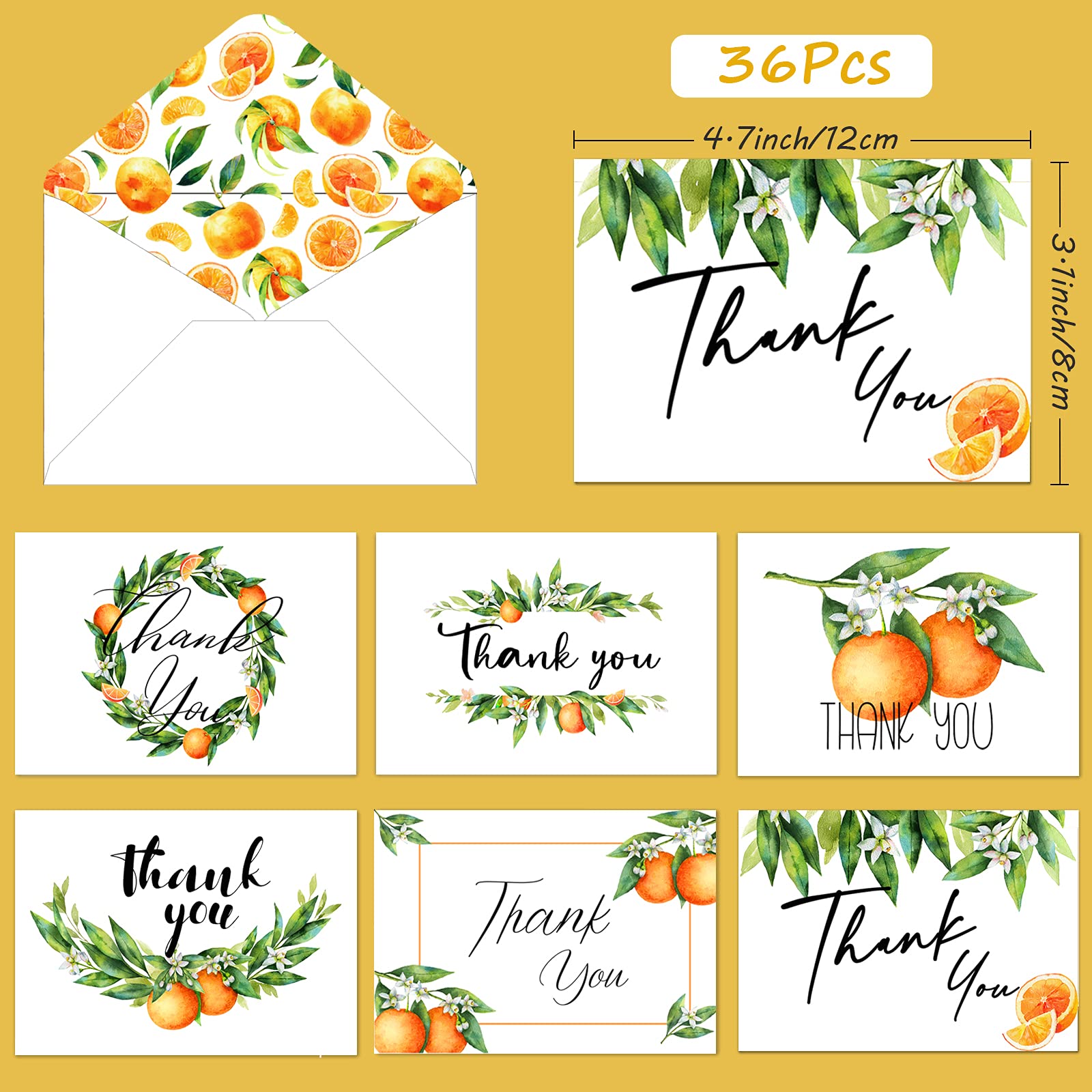 72 Pieces Orange Thank You Cards Includes 36 Pieces Orange Envelopes and 36 Pieces Orange Green Leaves Greeting Cards Watercolor Orange Blank Notes Cards for Birthday Party Baby Shower Thanksgiving