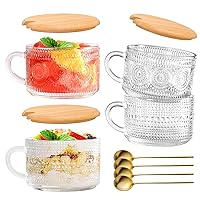 Vintage Glass Coffee Mugs 4 Pack, 14 oz Glass Coffee Tea Cups with Lid and Golden Spoons, Clear Embossed Glass Cup Sets for Latte, Cereal, Cappuccino, Yogurt, Milk, and Cute Gifts