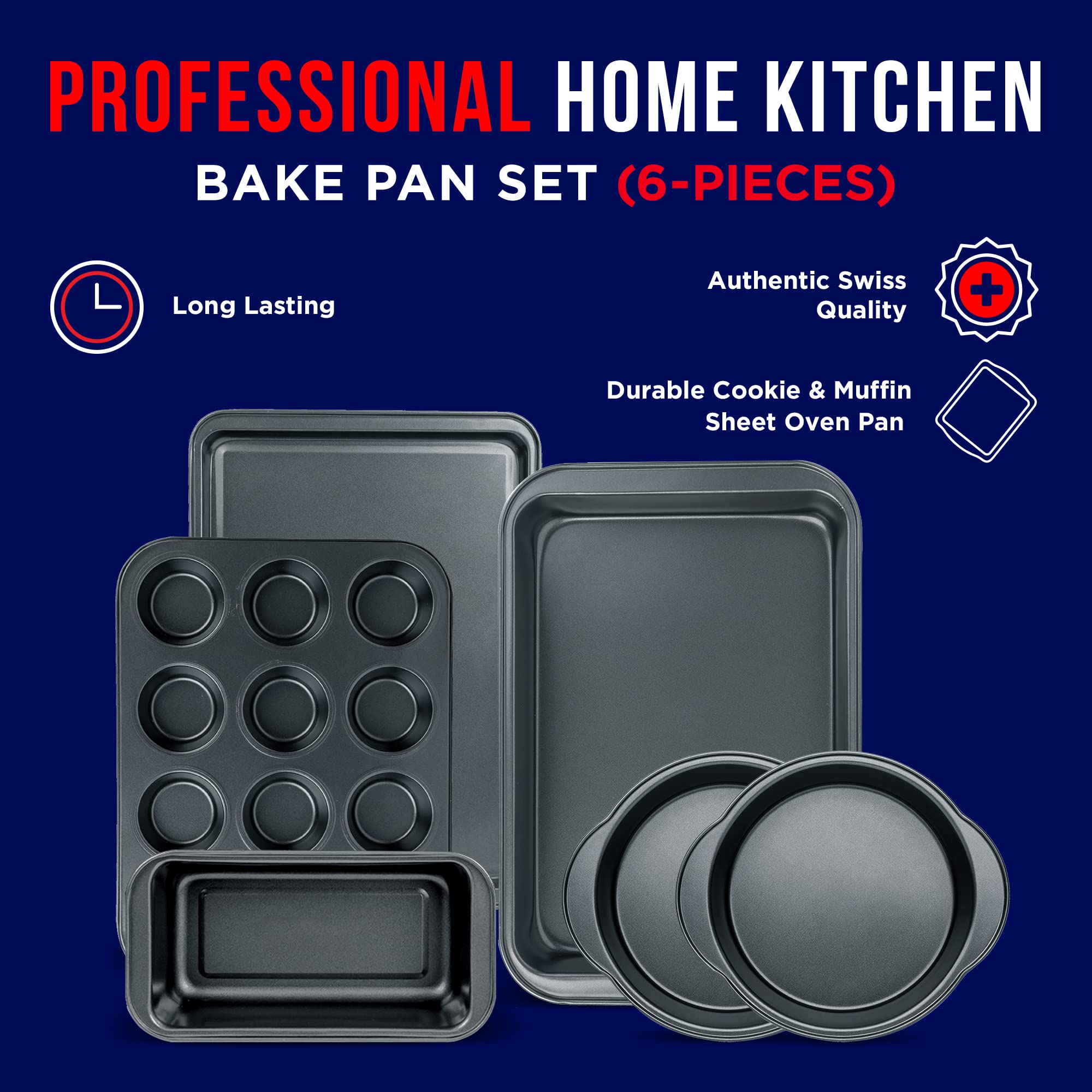 Baking Set – 6 Piece – Deluxe Non Stick Black Coating Inside and Outside – Carbon Steel Bakeware Set – PFOA PFOS and PTFE Free by Bakken