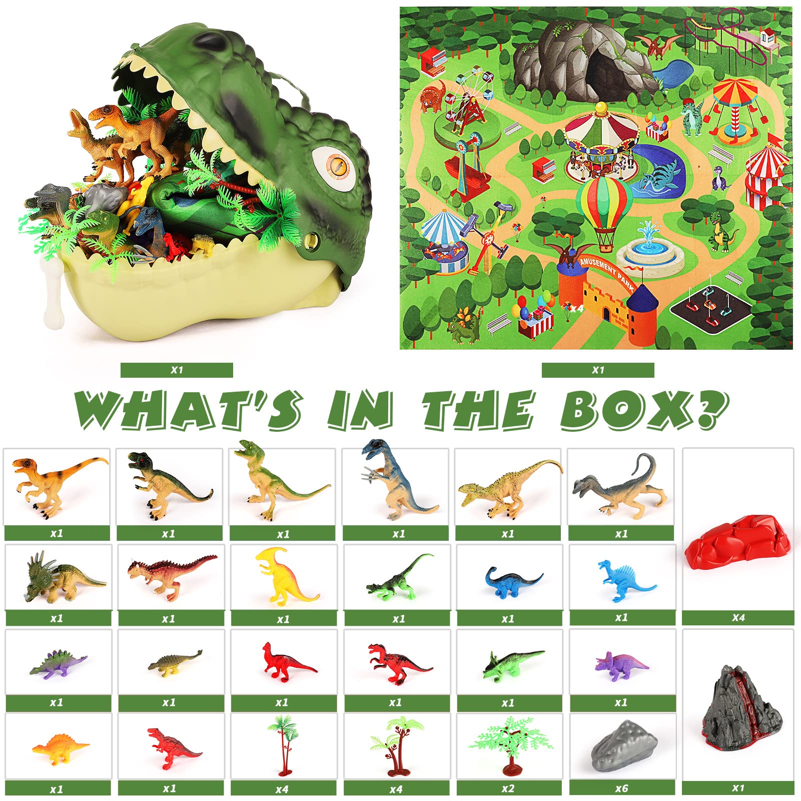 burgkidz Dinosaur Toys Figure Playset with Activity Playmat, 20 Realistic Dinosaur Figures Trees Rocks Volcano with T-Rex Head Storage Box, Dino Figure Toy Gift Kit for Kids Boys 3-5
