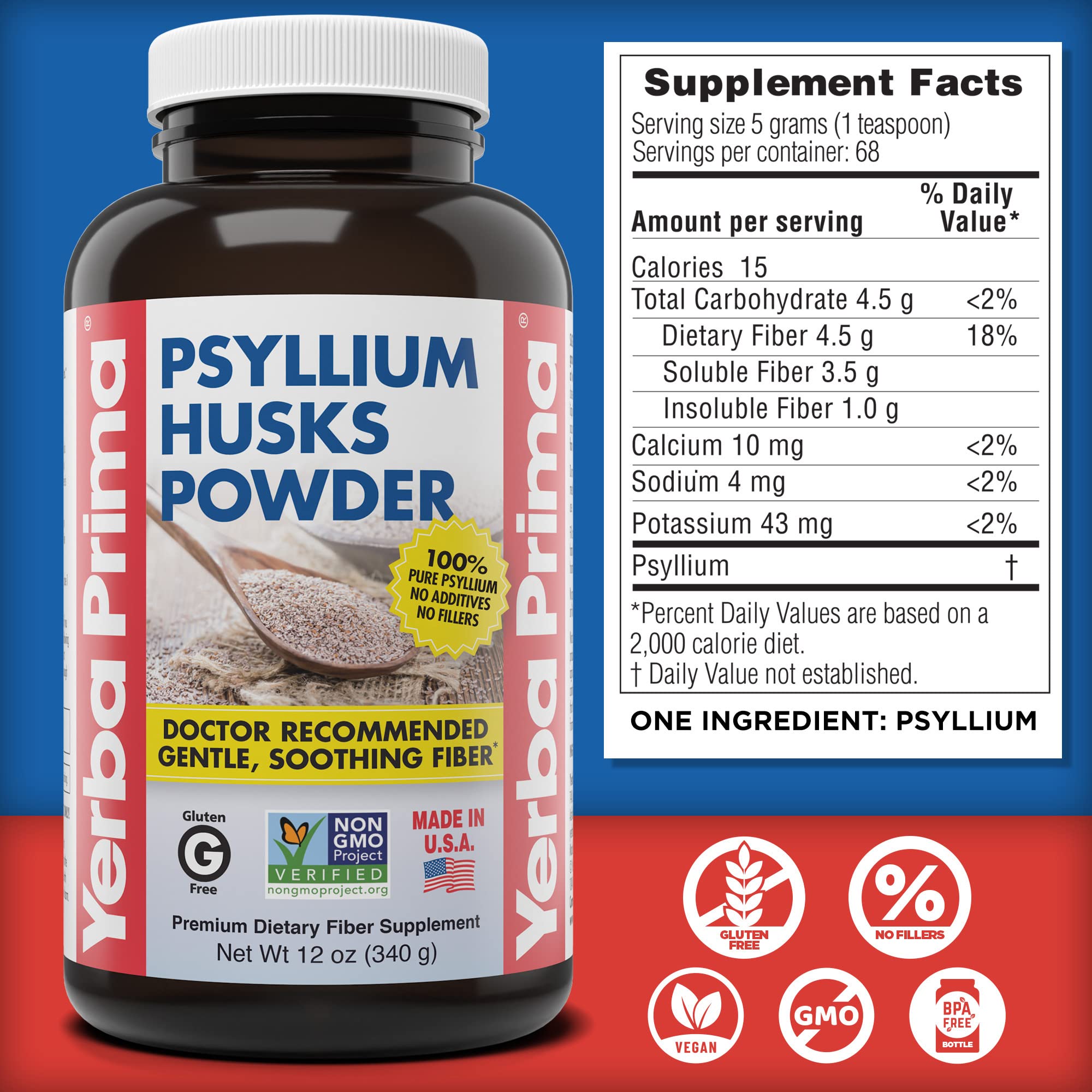 Yerba Prima Psyllium Husks Powder - 12 oz (Pack of 4) - Natural Fiber Supplement - Colon Cleanse - Gut Health - Vegan, Non-GMO, Gluten-Free (New Label - Packaging May Vary)