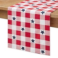 MARTHA STEWART Americana Star Gingham Plaid Indoor Table Runner, Reversible, Patriotic USA America Decor, Red/White/Blue, 14