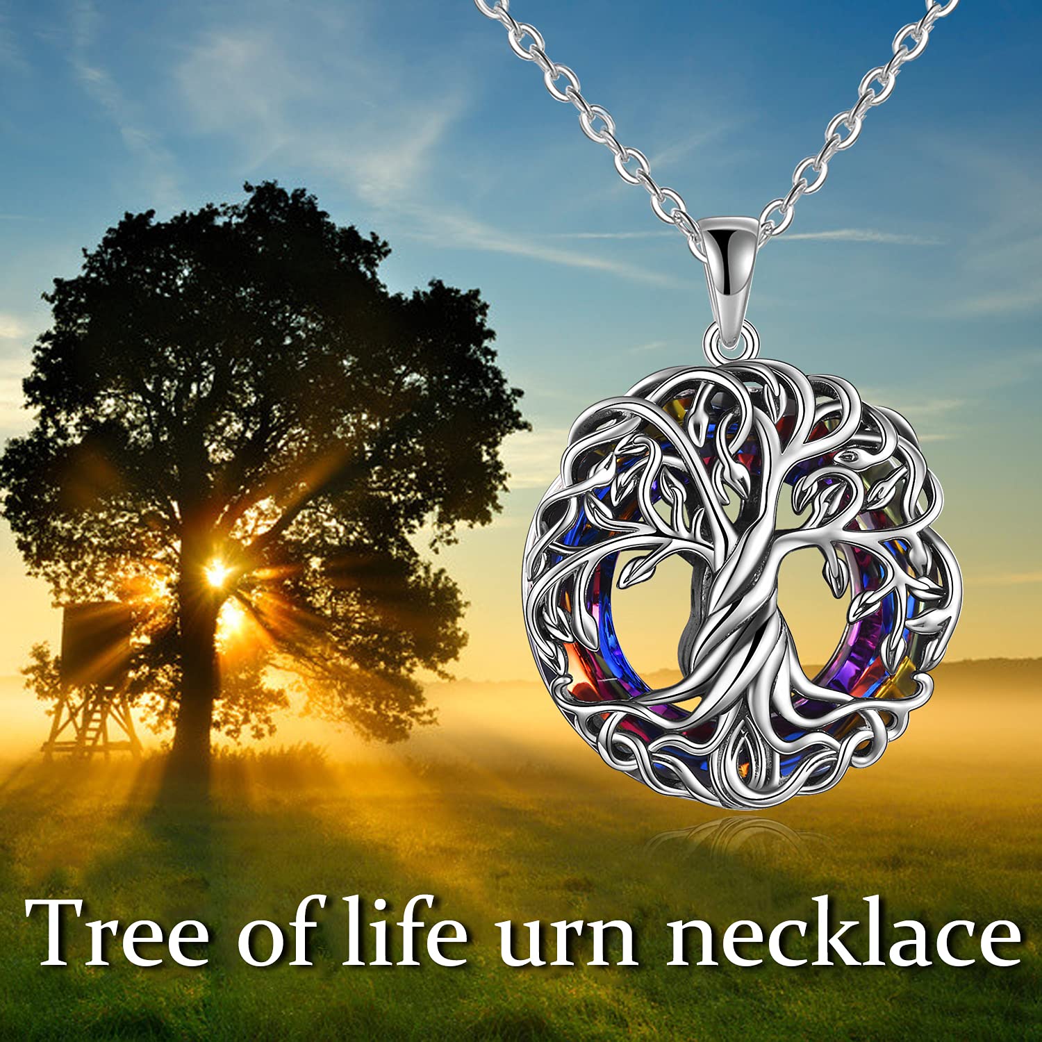 TOUPOP Cremation Jewelry s925 Sterling Silver Tree of Life Urn Necklace Keepsake Ashes Hair Memorial Locket with Circle Crystal w/Funnel Filler for Women Girls Friends