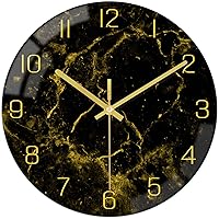 VIKMARI Black Modern Marble Texture Clock Golden Hands Rustic Kitchen Decor 12 Inch Wall Clocks Battery Operated Non Ticking Large Round Quartz Bedroom Living Room